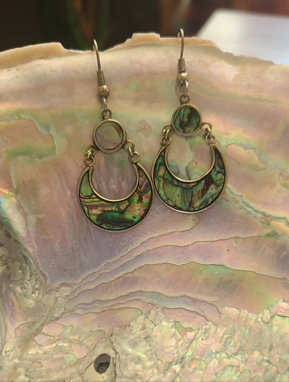 Earrings  Vintage Mexican alpaca silver and Abolone shell dangle crescent moon